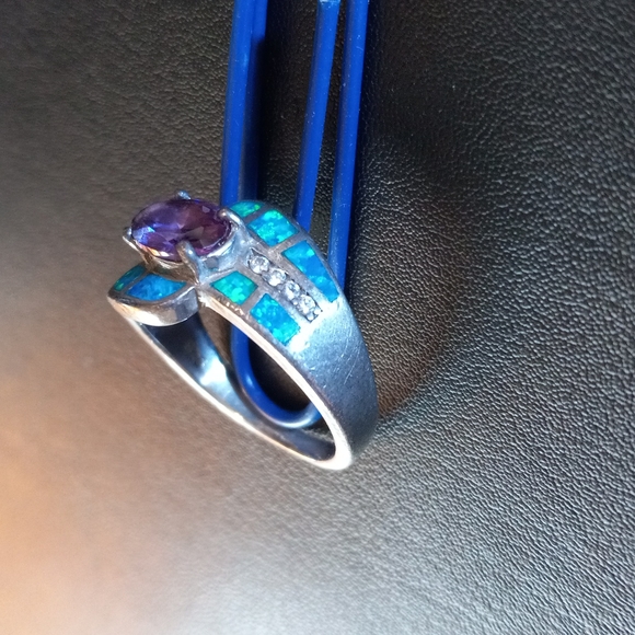 Amethyst blue fire opal inlay 925 sterling silver ring size 8 - Picture 3 of 4